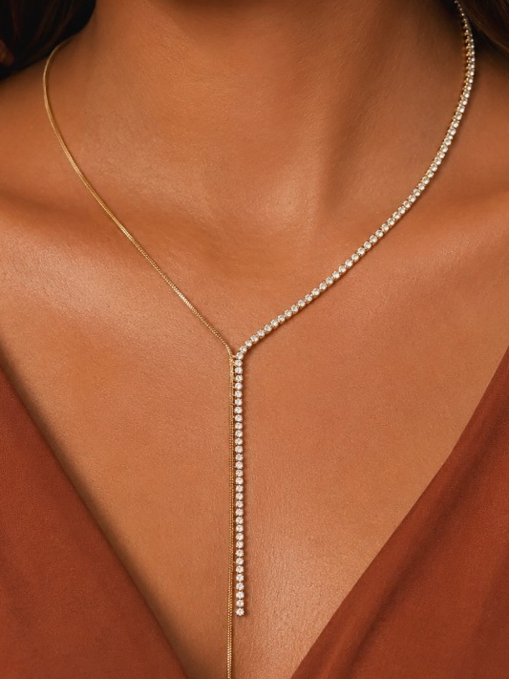 375. 18K gold CZ dainty lariat RINESTONE necklace